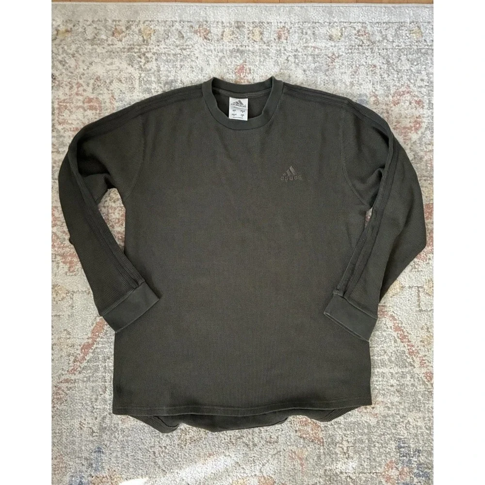 Adidas Waffle Knit Thermal Long Sleeve Shirt Olive Green Men's L Y2K-Vintage